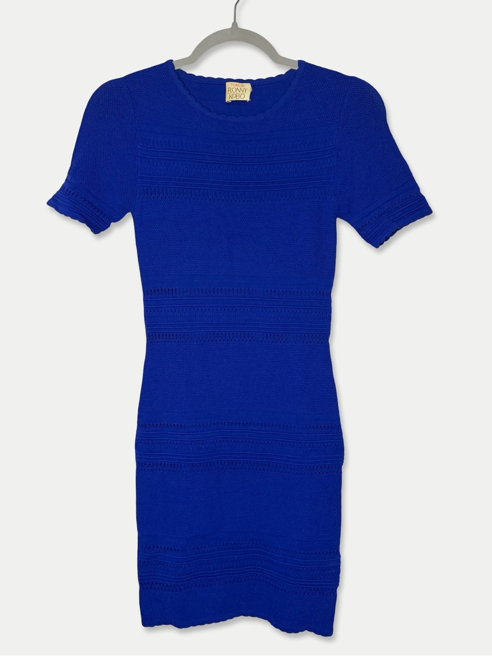 Torn by Ronny Kobo Cobalt Blue Pointelle Knit Bodycon Mini Dress Size S